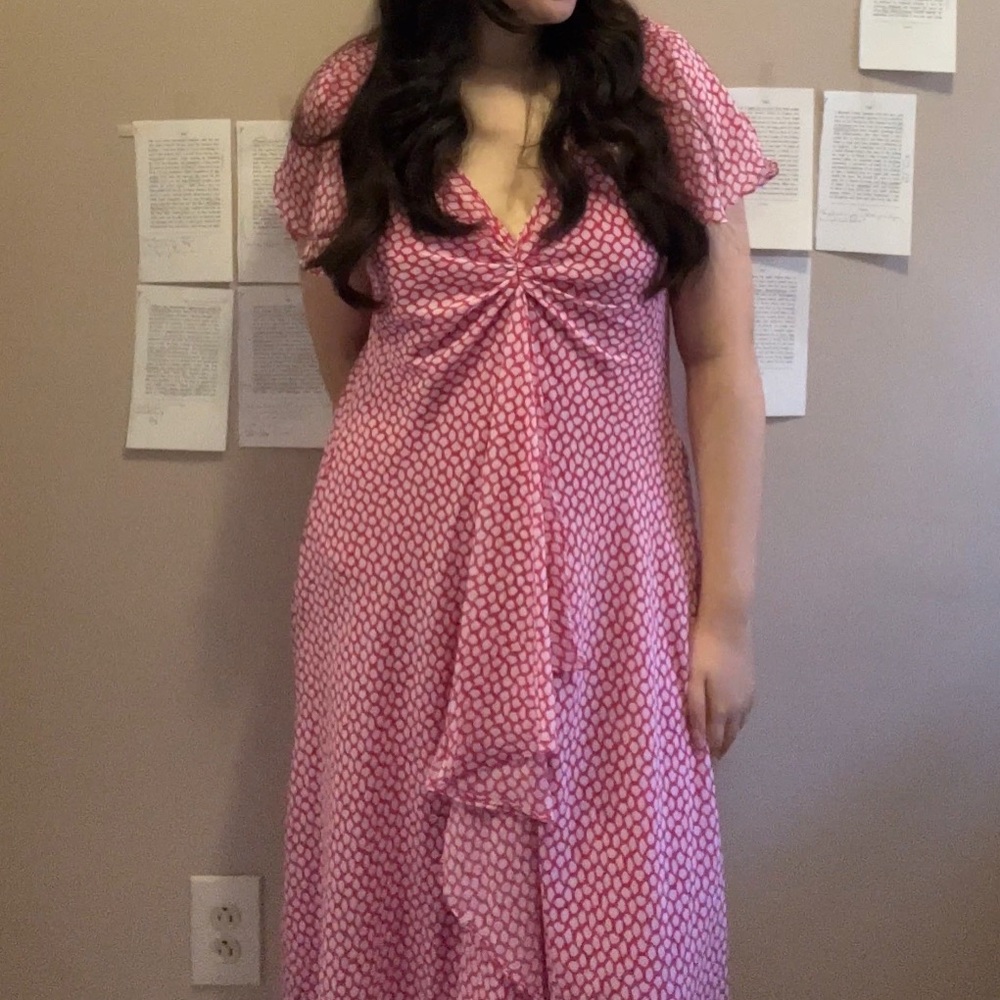 Pink Polka Dot Cute Summer Dress with Ruffled Front